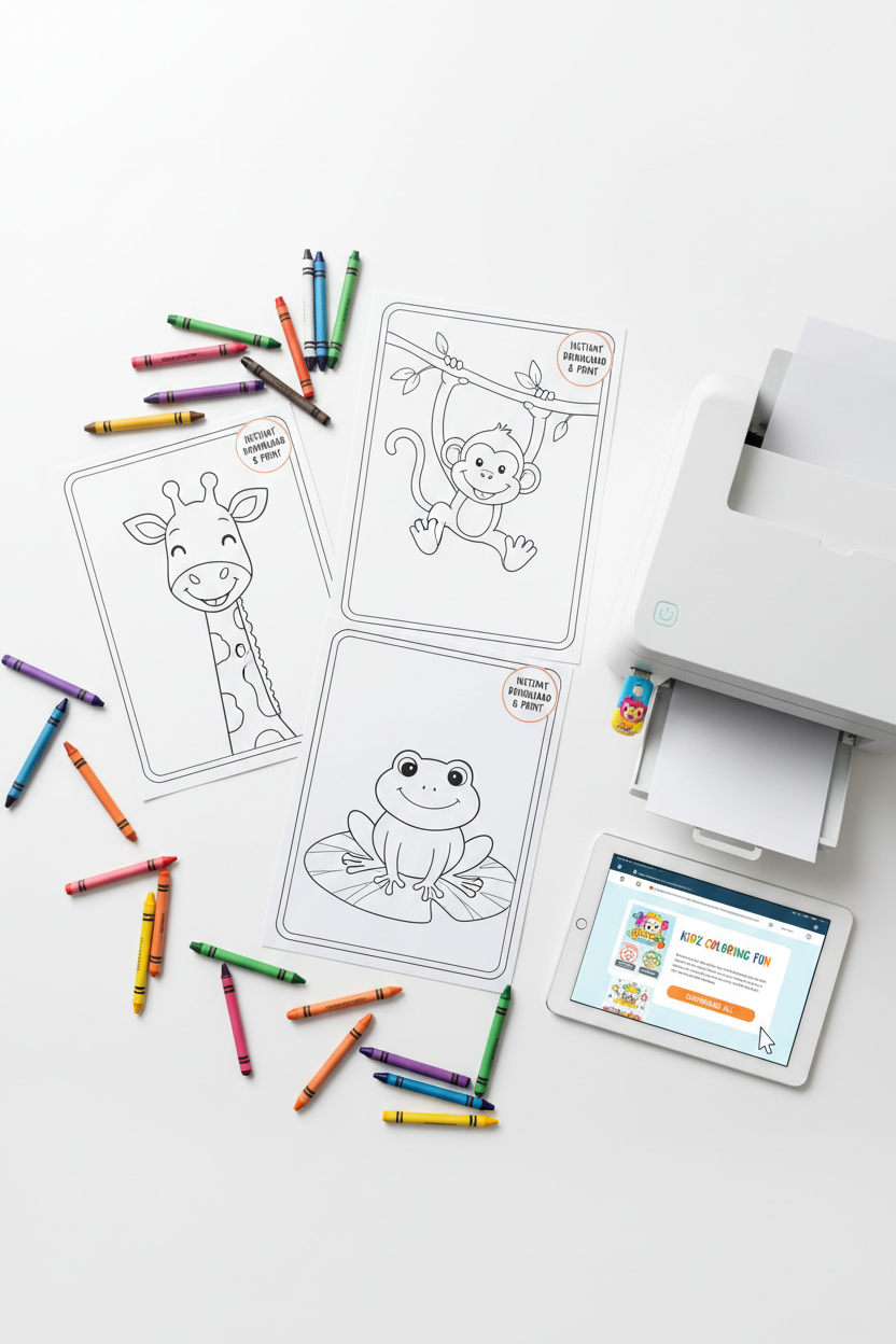 Printed animal coloring pages with crayons on a white surface