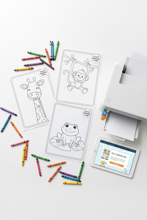 Printed animal coloring pages with crayons on a white surface