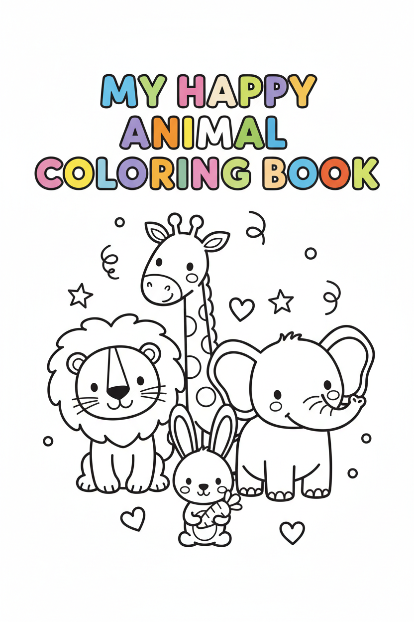 My Happy Animal Coloring Book cover featuring cute cartoon animals with black outlines