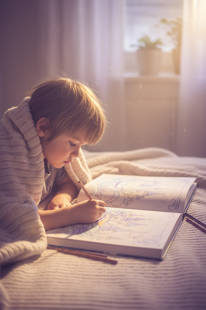 Child coloring in a dreamy storybook coloring book at bedtime with warm lamp light