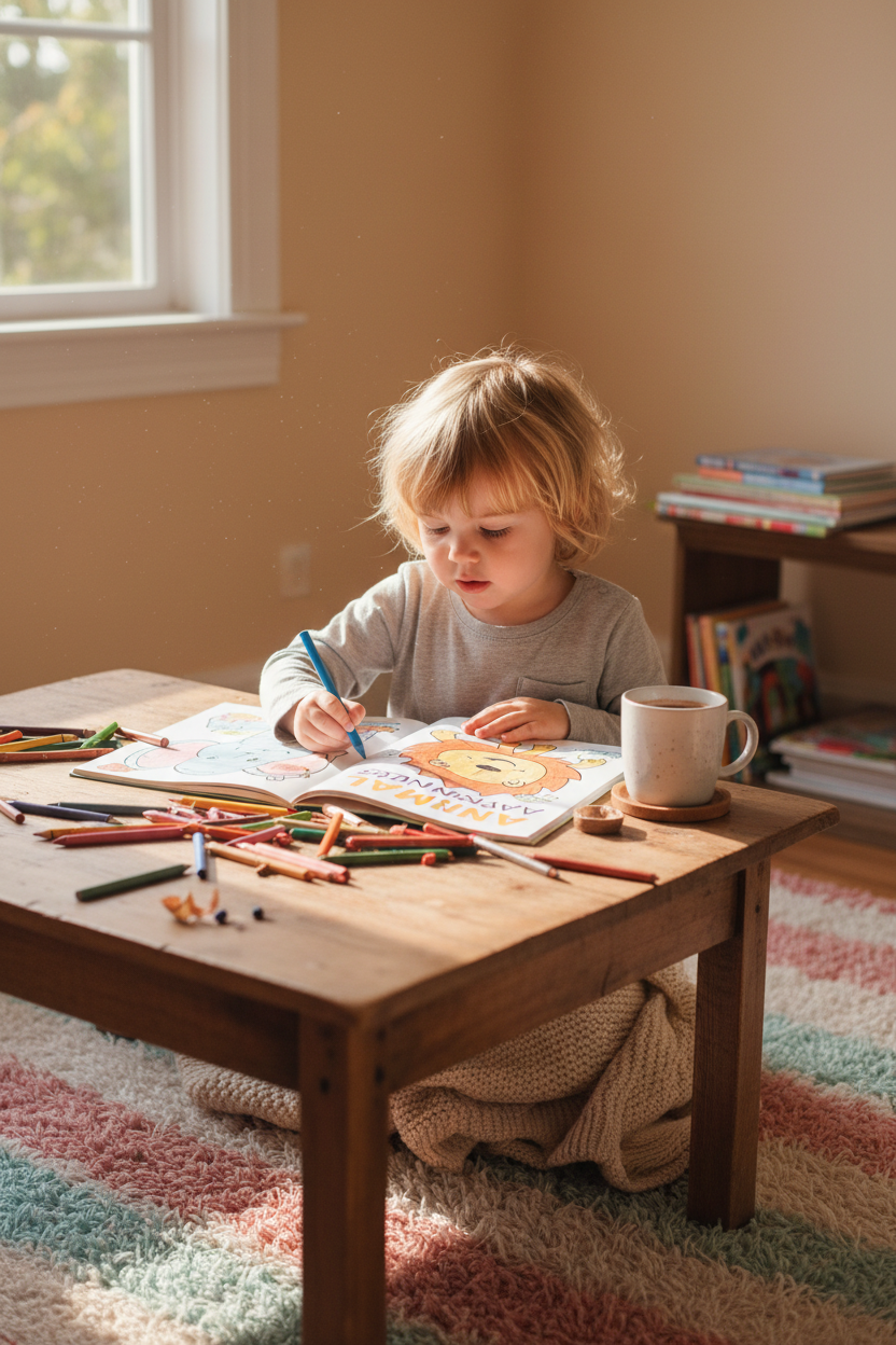 Child happily coloring animal illustrations at a wooden table