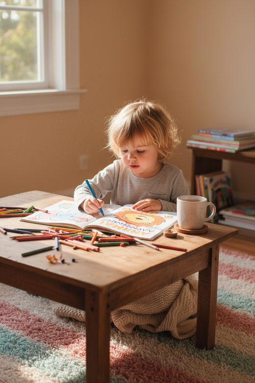 Child happily coloring animal illustrations at a wooden table