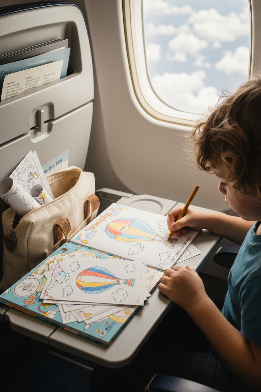 Child coloring in a travel coloring book on an airplane
