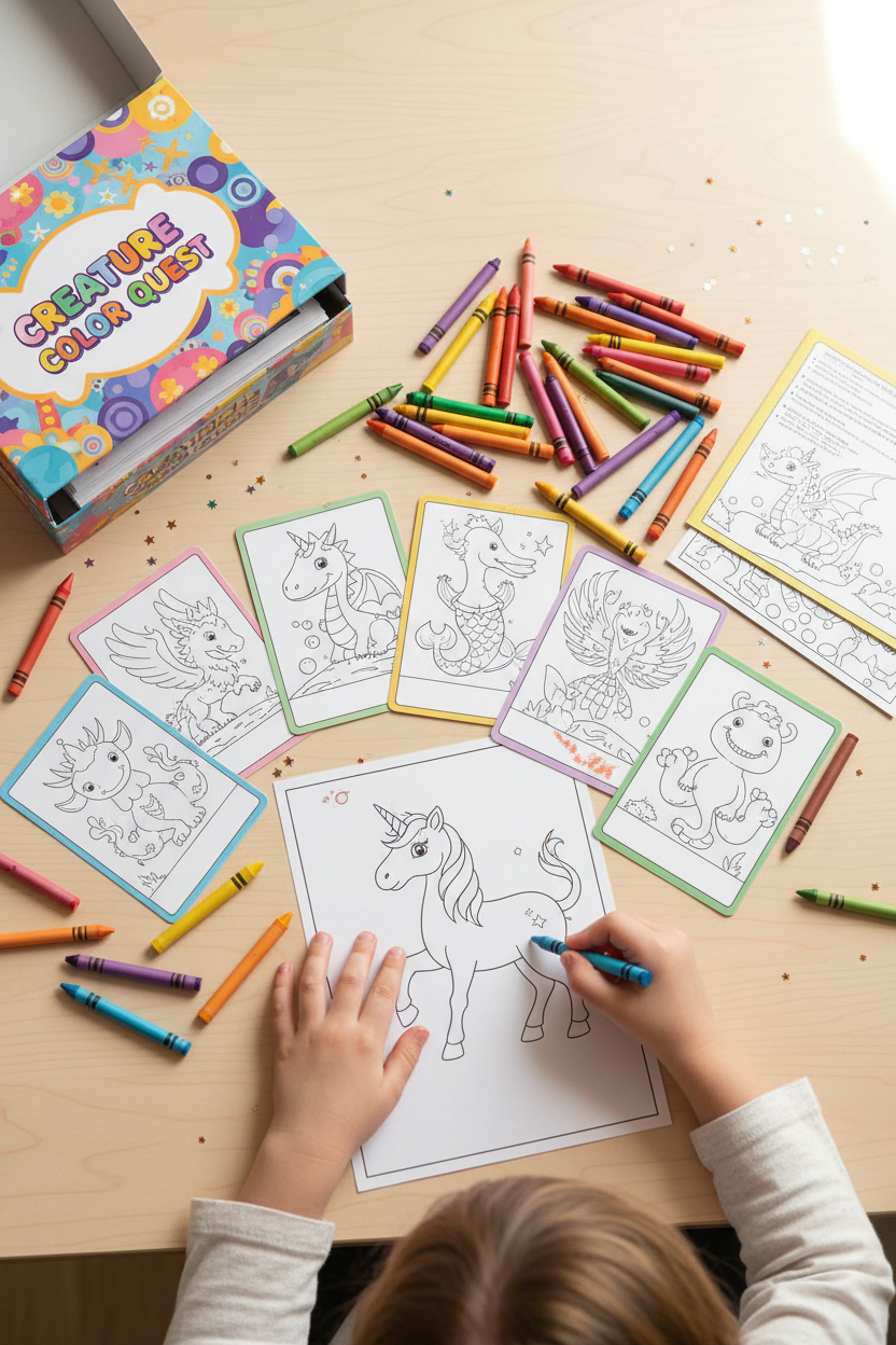 Child coloring magical creature cards with vibrant crayons