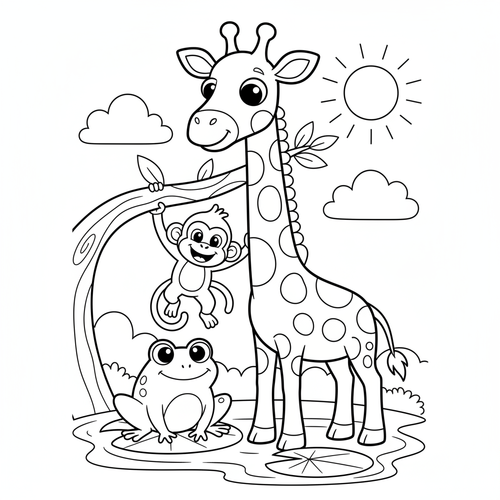 Cute animals coloring page with giraffe, monkey, and frog
