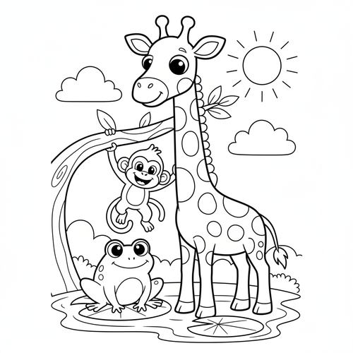 Cute animals coloring page with giraffe, monkey, and frog